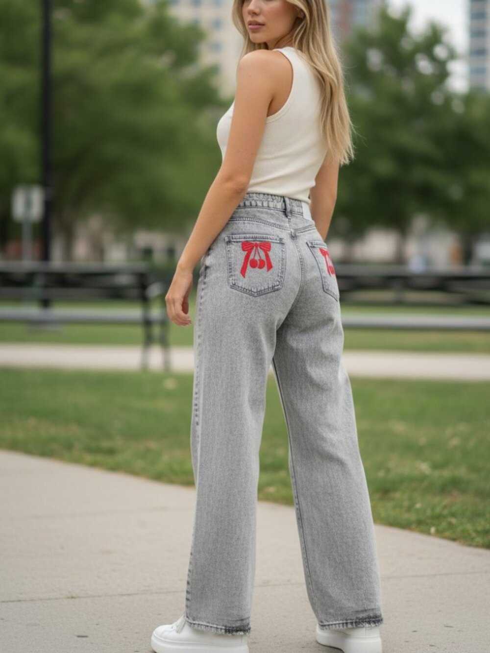 Ashley Mason Gray Acid Wash Wide Leg Jeans Cherry Bow Embroidered Sz 1/25